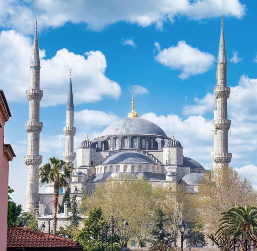 Landscape of the Turkish flag and The Blue Mosque far away